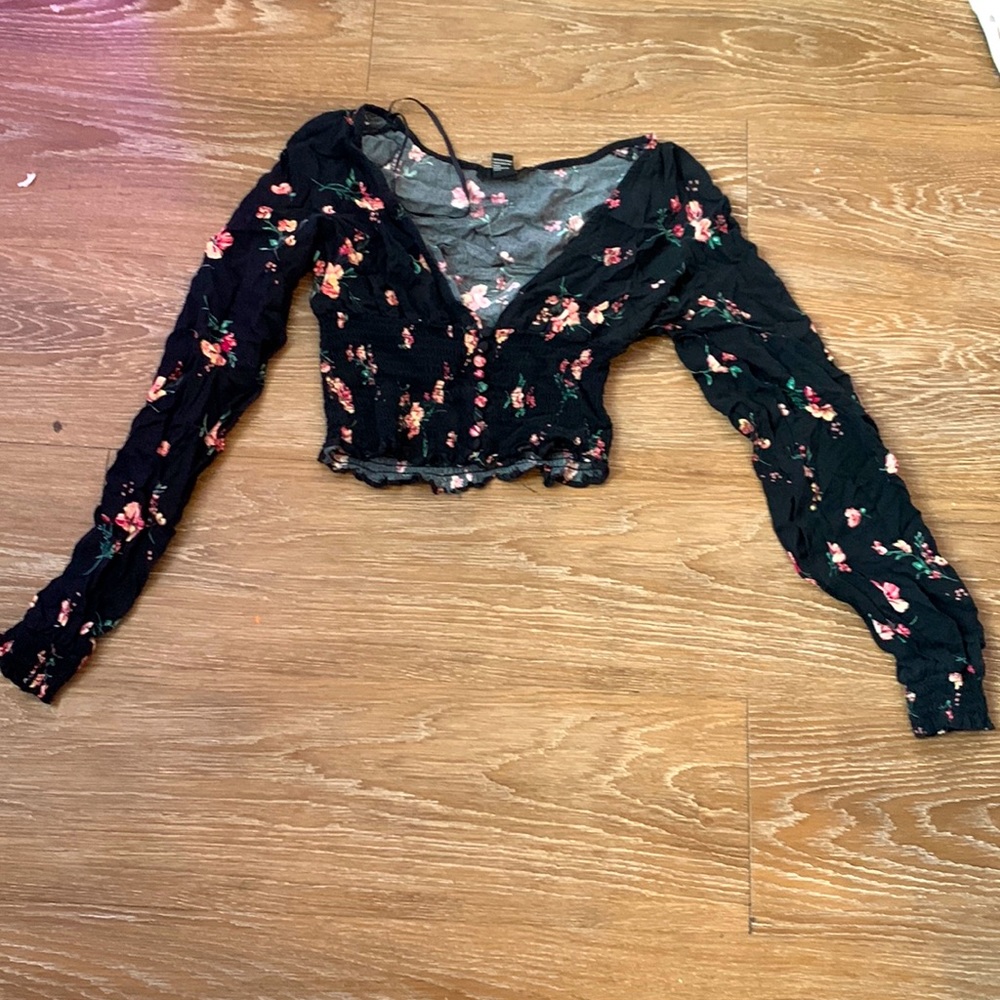 This top is from Forever 21 in a size S, mostly black with pink and green.